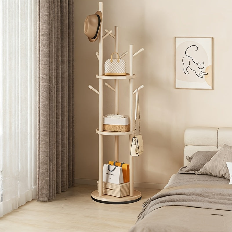 Solid Wood Clothes Rack – Walnut, 3 Shelves & 9 Hooks, 360° Rotating for Hallway or Bedroom