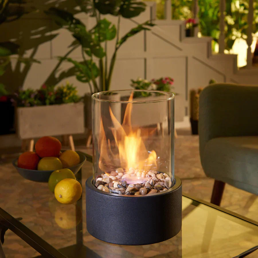 Table fireplace – Smoke-free glass and stainless steel, modern design for indoor and outdoor use