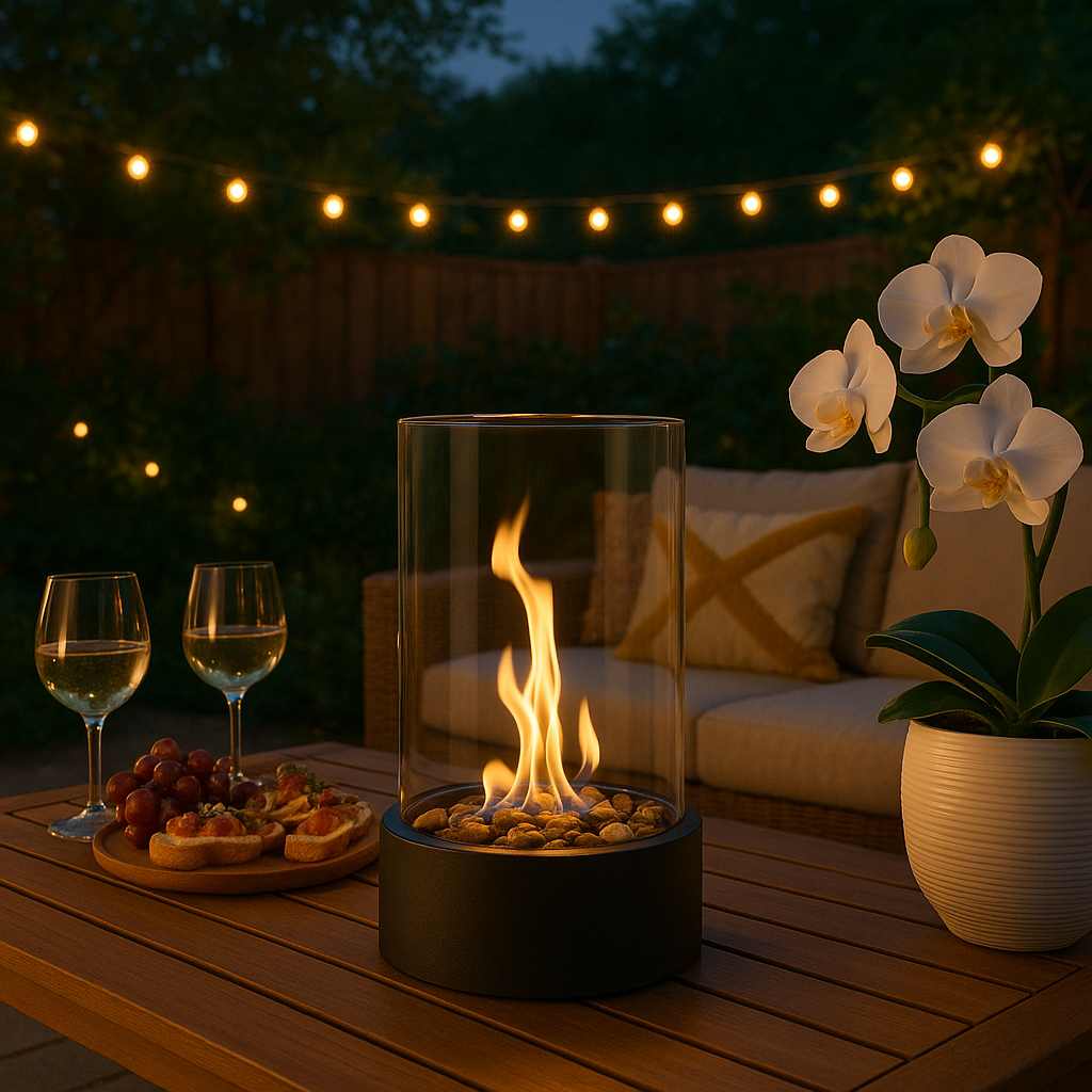 Table fireplace – Smoke-free glass and stainless steel, modern design for indoor and outdoor use