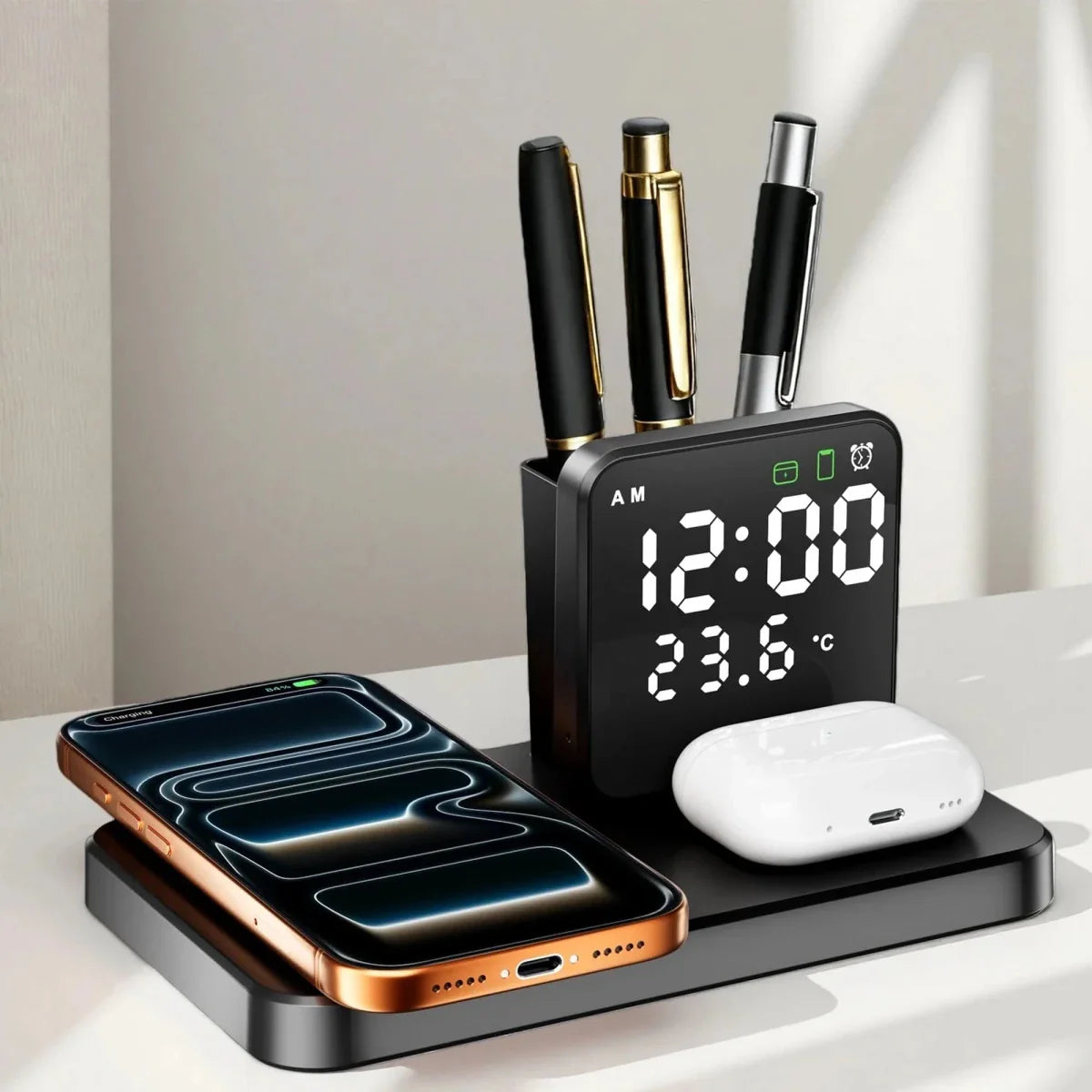 Trådløs Opladestation – Sort, Kompakt 3-i-1 Design til Smartphone, Smartwatch og Hovedtelefon