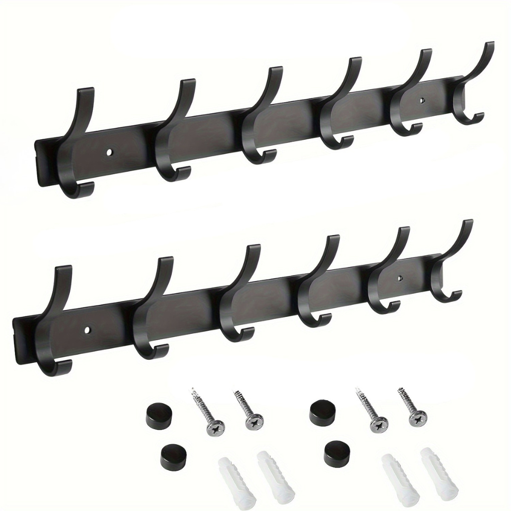 Wall-mounted Clothes Rack – Black Aluminum, Modern Design with 6 Hooks for Hallway, Bedroom, or Bathroom