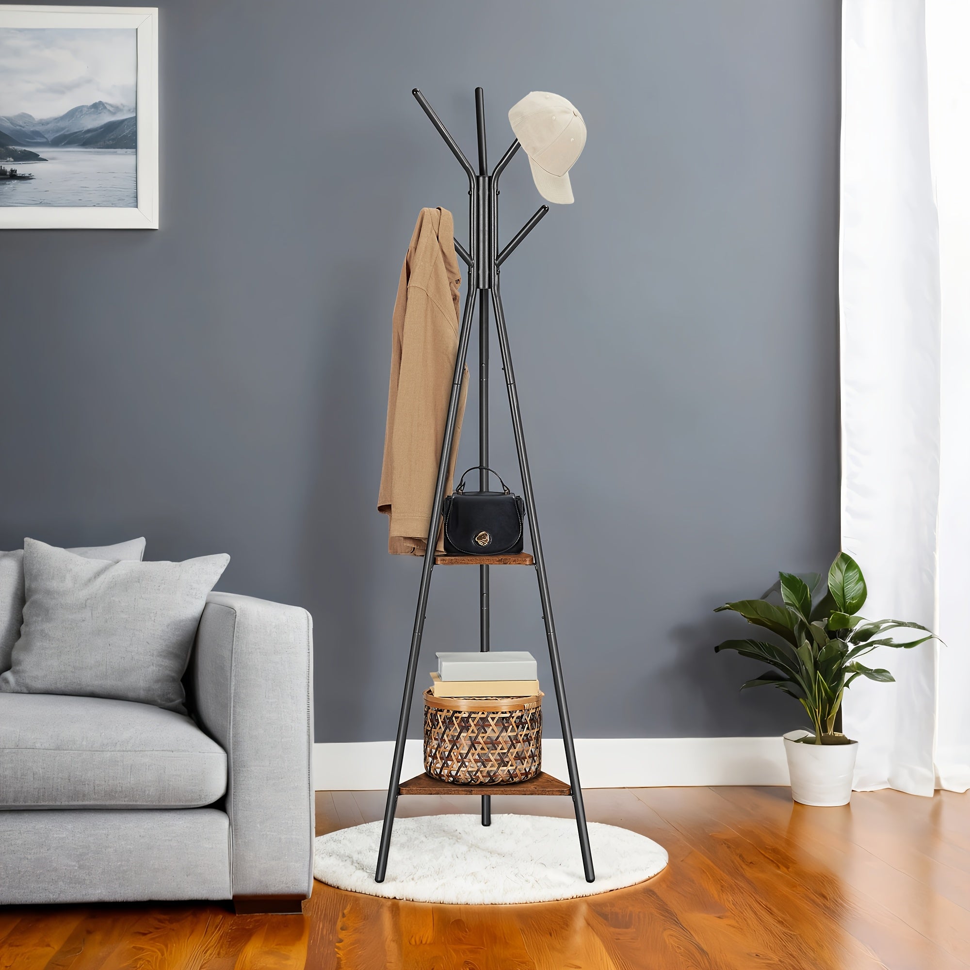 Metal Clothes Rack – Black, Multifunctional Design with 6 Hooks and 2 Shelves for Hallway or Guest Room