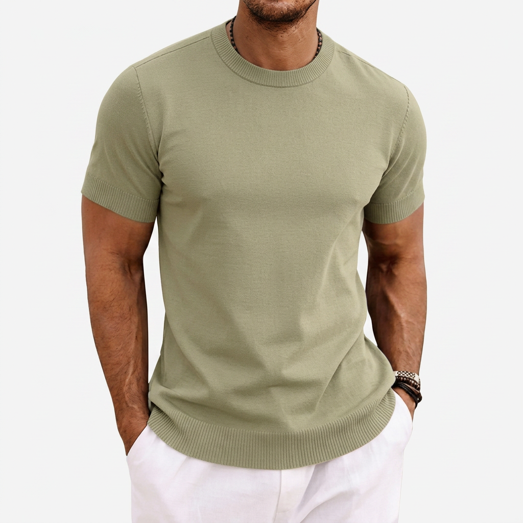 Herre Strikket T-shirt med Rund Hals og Korte Ærmer