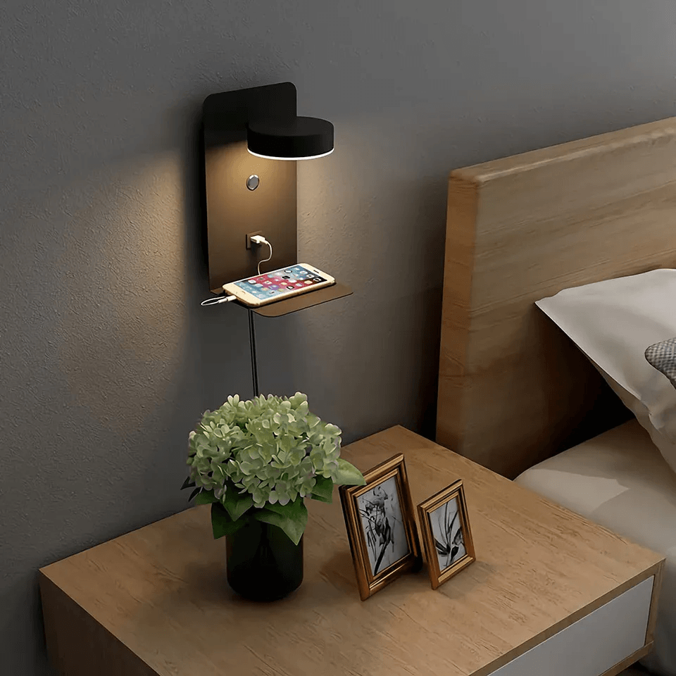 Multifunctional Lamp – Black, Modern Design with Charging Station and Shelf for the Living Room or Bedroom