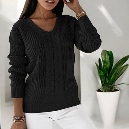 Dame Sweater med V-udskæring og Kabelstrik