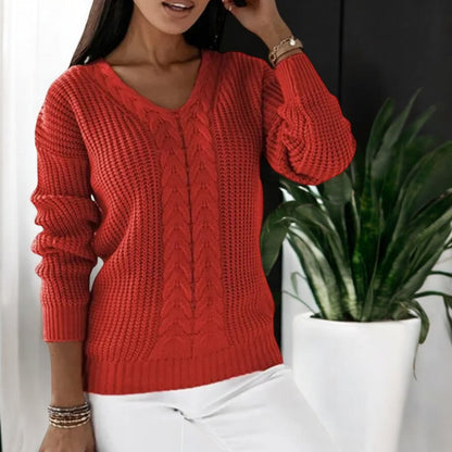 Dame Sweater med V-udskæring og Kabelstrik