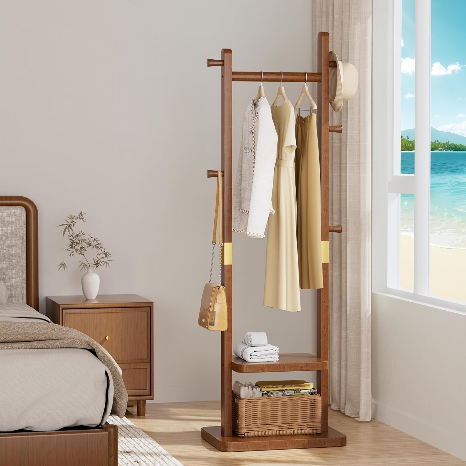 Solid wood clothes rack – Rubber pull-out shelf with wheels, storage shelf and shelves for hallway or bedroom