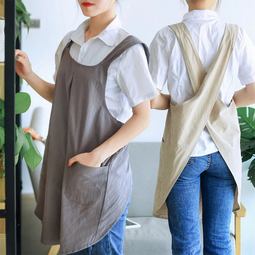 Cross-back Apron – Cotton and Linen, Minimalist Design for Kitchen or Gardening