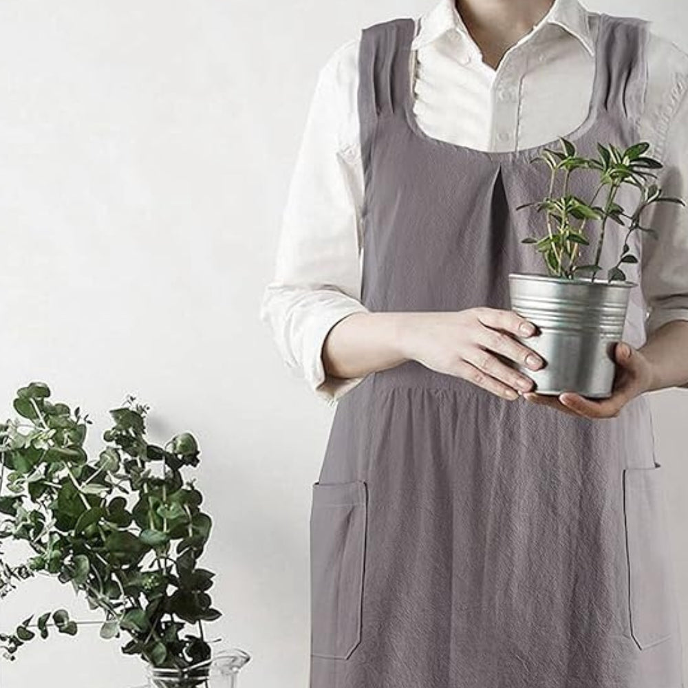 Cross-back Apron – Cotton and Linen, Minimalist Design for Kitchen or Gardening