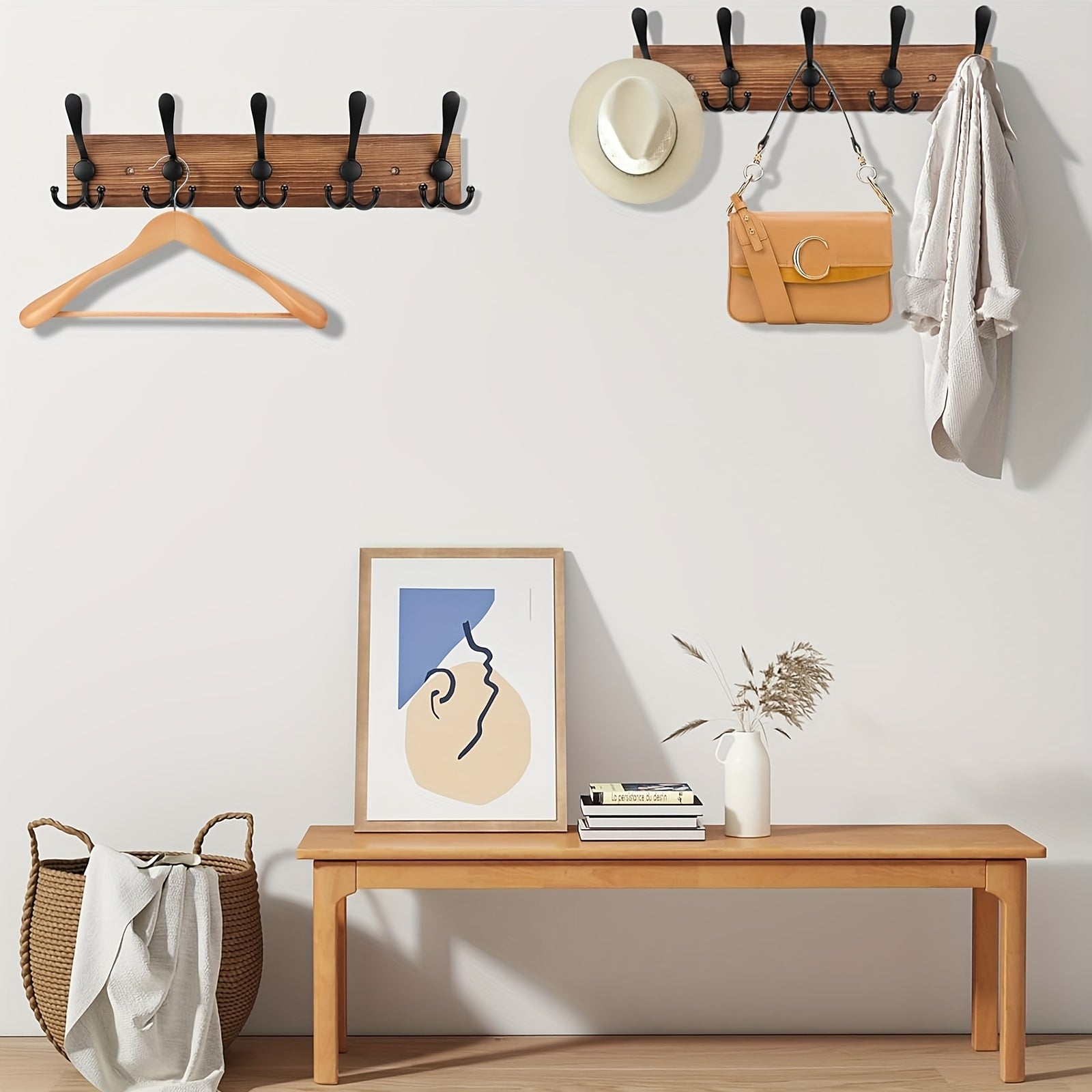 Wall-mounted Clothes Rack – Dark Brown Wood Design for Bathroom, Living Room, or Hallway
