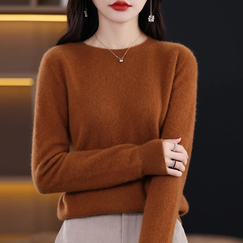 Dame Cashmeretrøje med Rund Hals – Strikket Pullover med Ribkanter