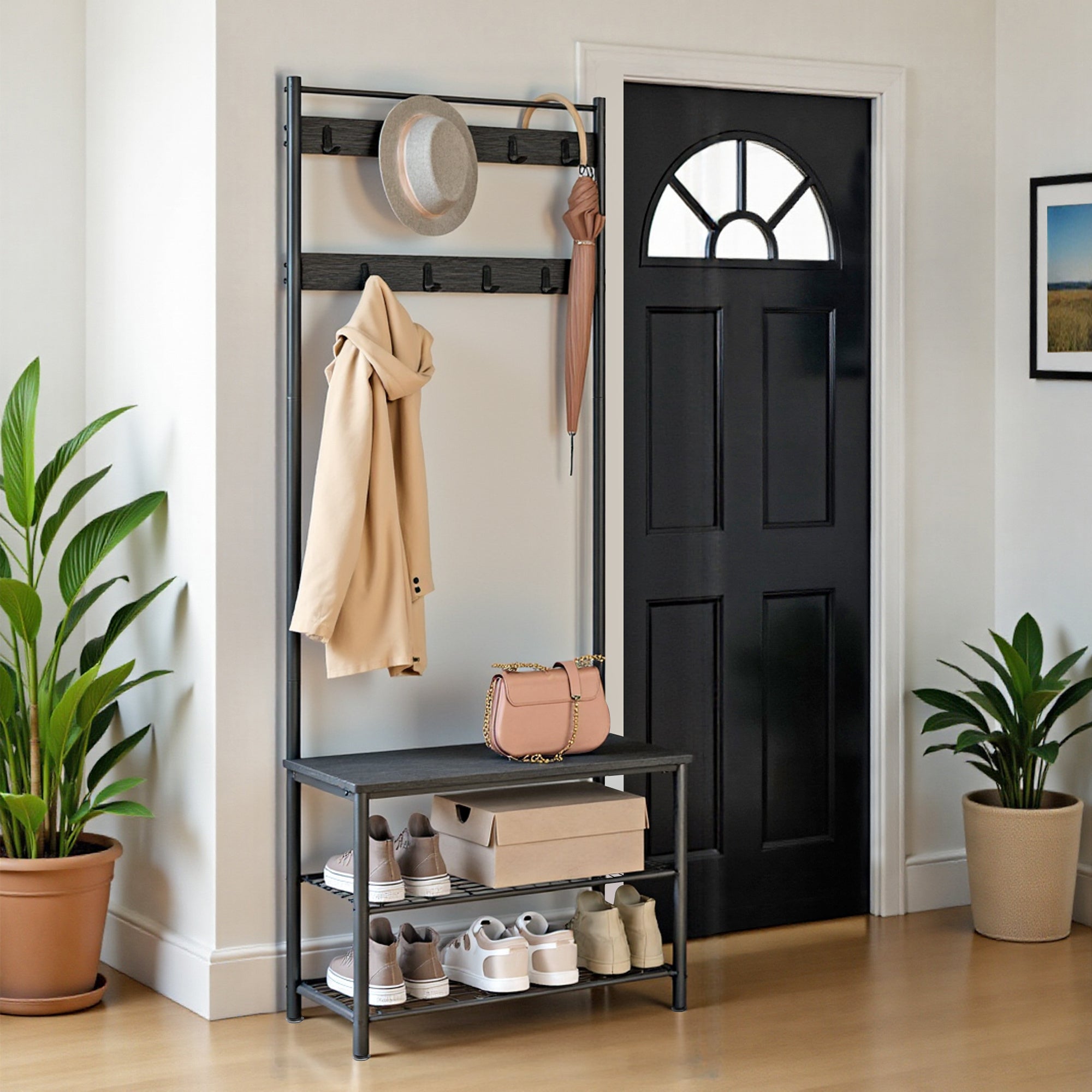 Metal Clothes Rack – Black, simple design with Shoe Shelf and Shelf for hallway or bedroom