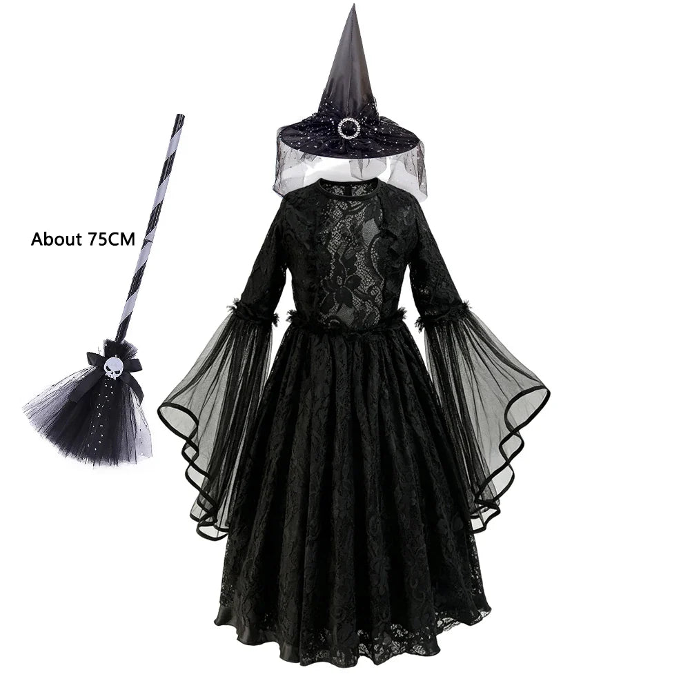 Black gothic lace dress with witch hat and toy broom