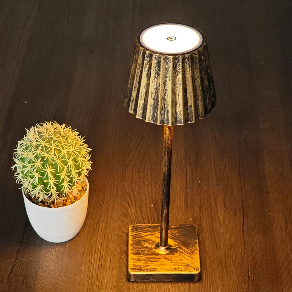 Rechargeable Table Lamp – Antique Metal with Pleated Shade, Dimmable LED for Living Room or Bedroom