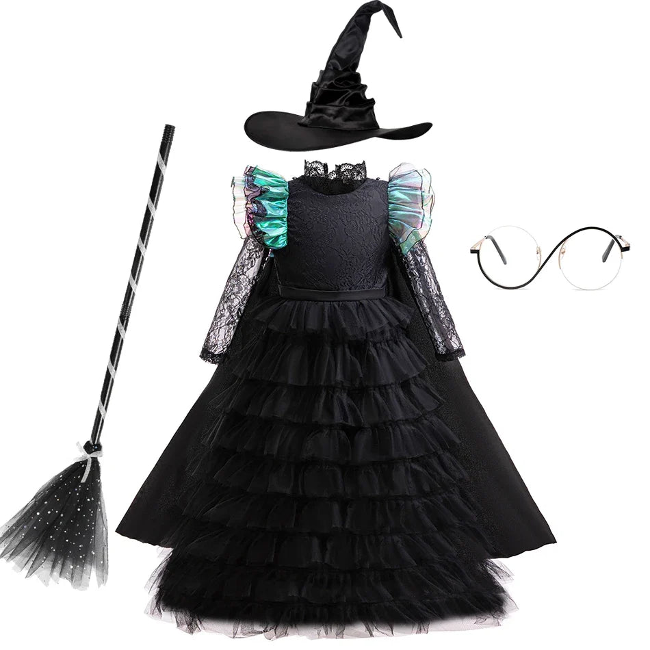 Girls emerald witch costume with witch hat, broom and glasses bundle