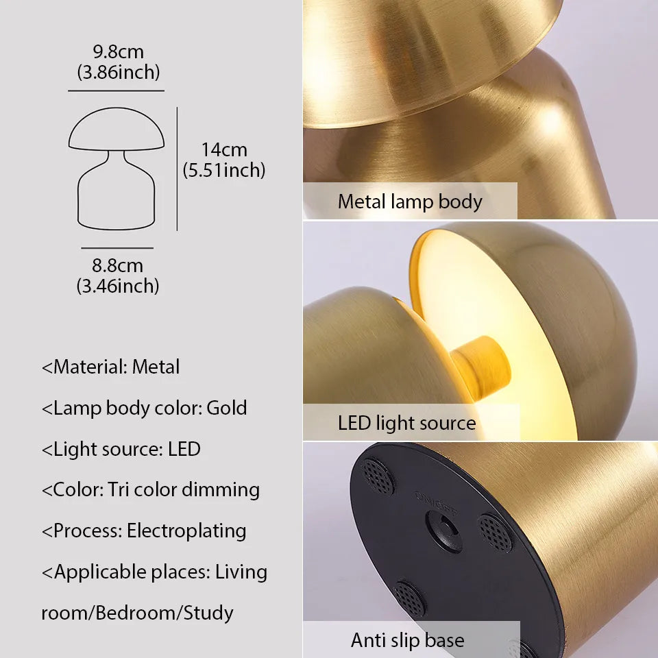 Rechargeable Table Lamp – Retro Mushroom Shape, Metal Finish for Bedroom or Living Room