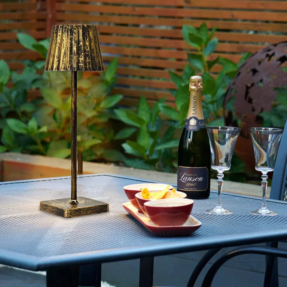 Rechargeable Table Lamp – Antique Metal with Pleated Shade, Dimmable LED for Living Room or Bedroom