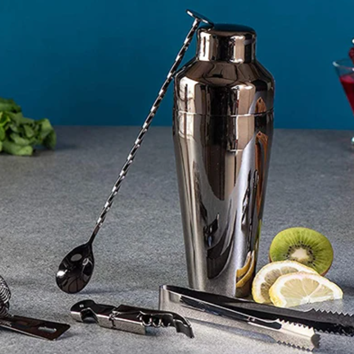 Cocktailshaker Sæt i Rustfrit Stål med Bambusstativ