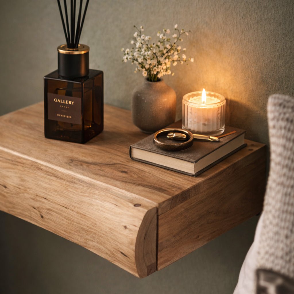 Wall Shelf – Acacia Wood, Compact Modern Design for the Bedroom or Guest Room