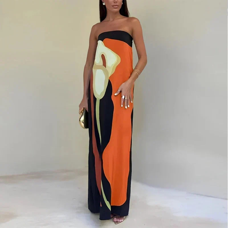 Dame Maxikjole Strapless med Farveblok Print