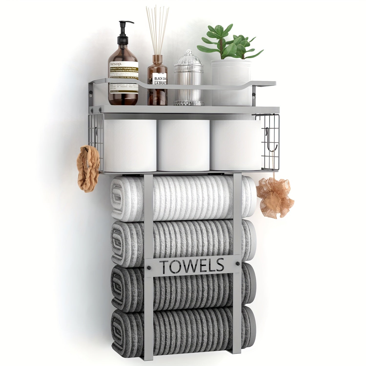 Håndklædeholder til væggen – sort metal, moderne design med hylde til badeværelse eller gæstetoilet