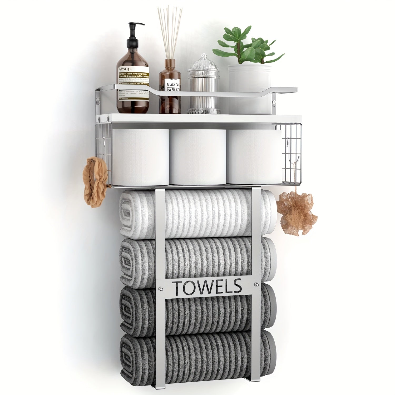 Håndklædeholder til væggen – sort metal, moderne design med hylde til badeværelse eller gæstetoilet