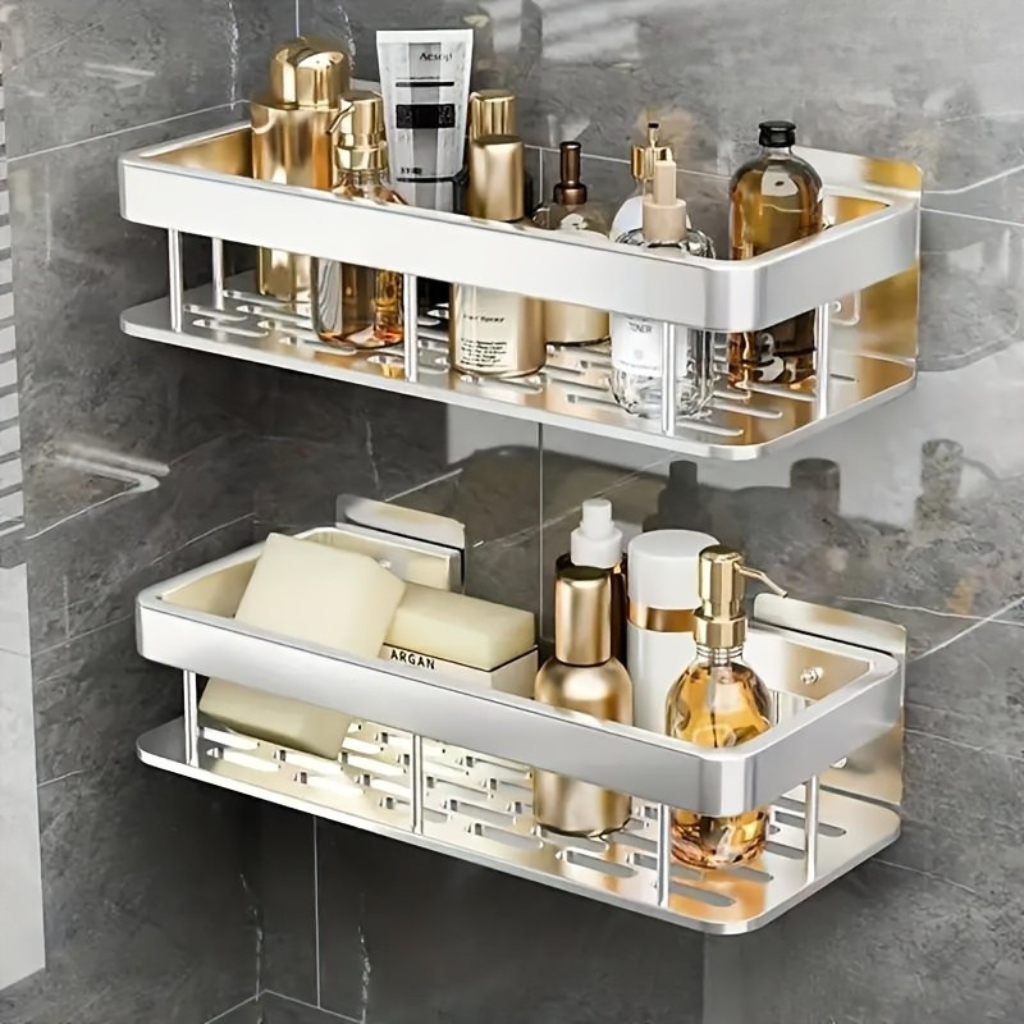 Dobbelt Vægreol – Space-Aluminium, Moderne design til badeværelse eller bruser med hylde til kosmetik og plejeprodukter