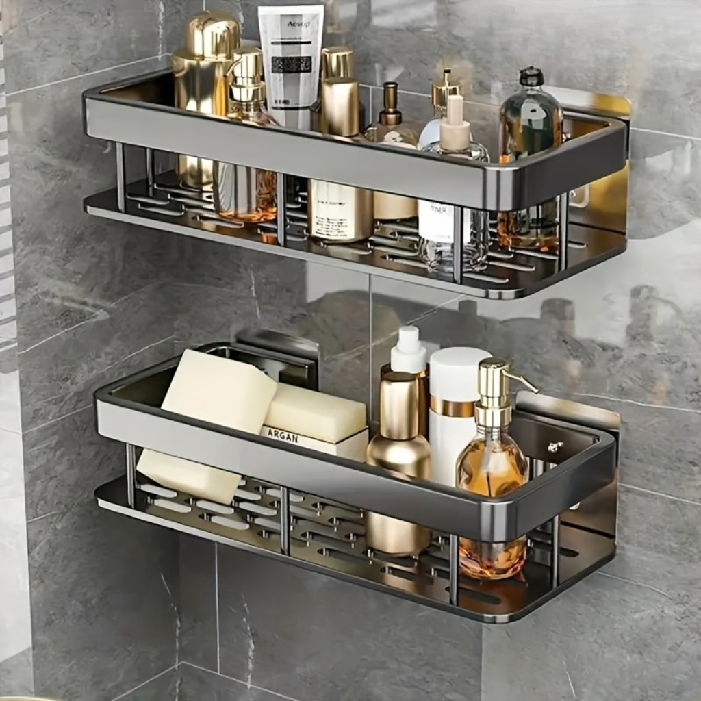 Dobbelt Vægreol – Space-Aluminium, Moderne design til badeværelse eller bruser med hylde til kosmetik og plejeprodukter
