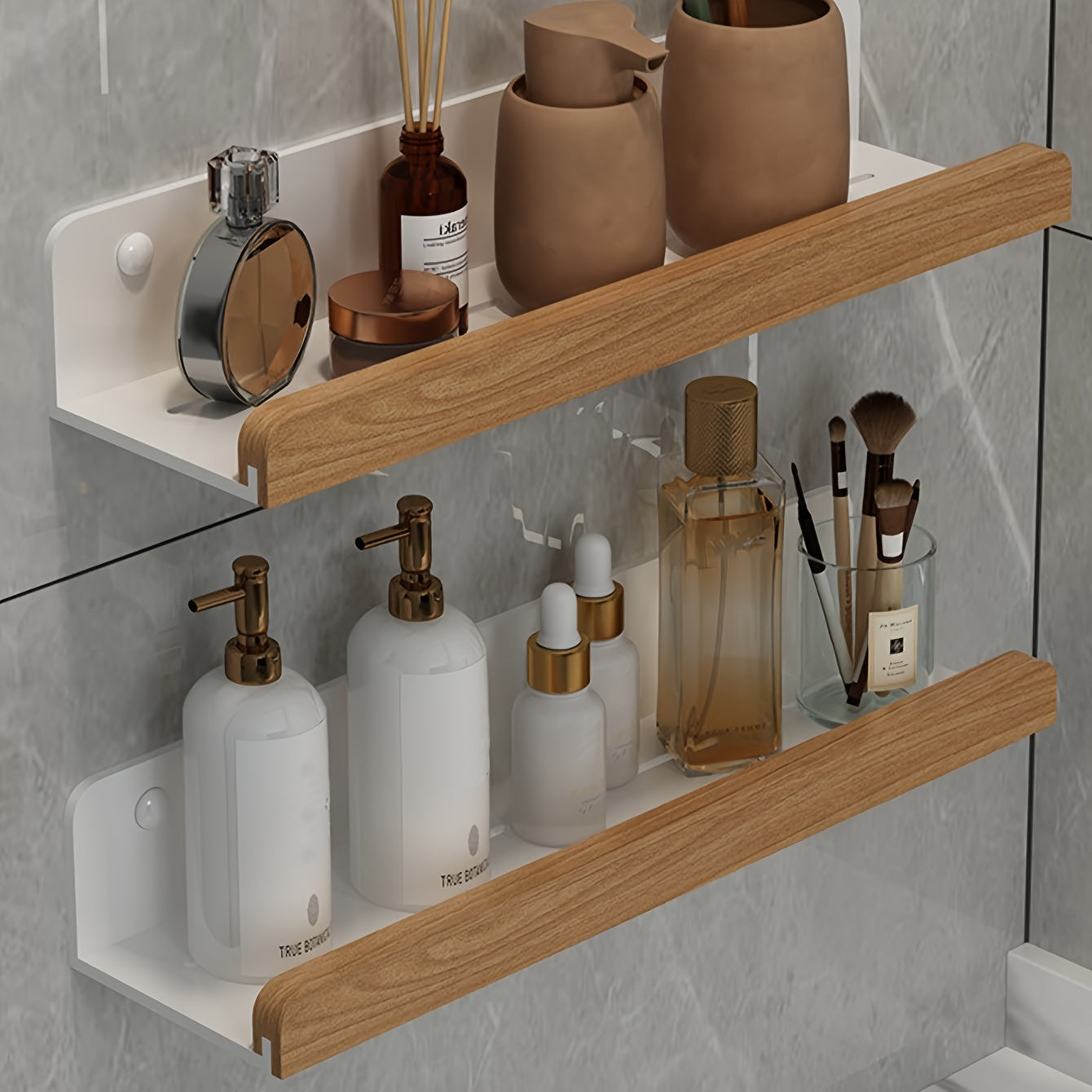 Bathroom wall shelf – Black wrought iron, modern and drill-free shelf for shampoo and cosmetics