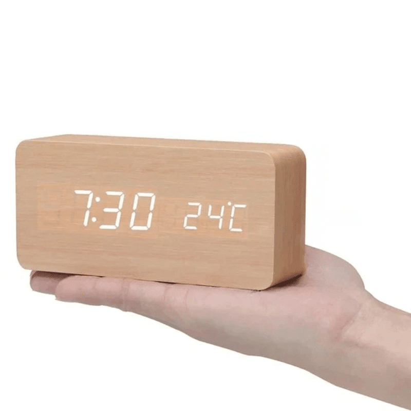 Wood LED Clock – Natural Finish, Voice-Controlled for Bedroom or Living Room