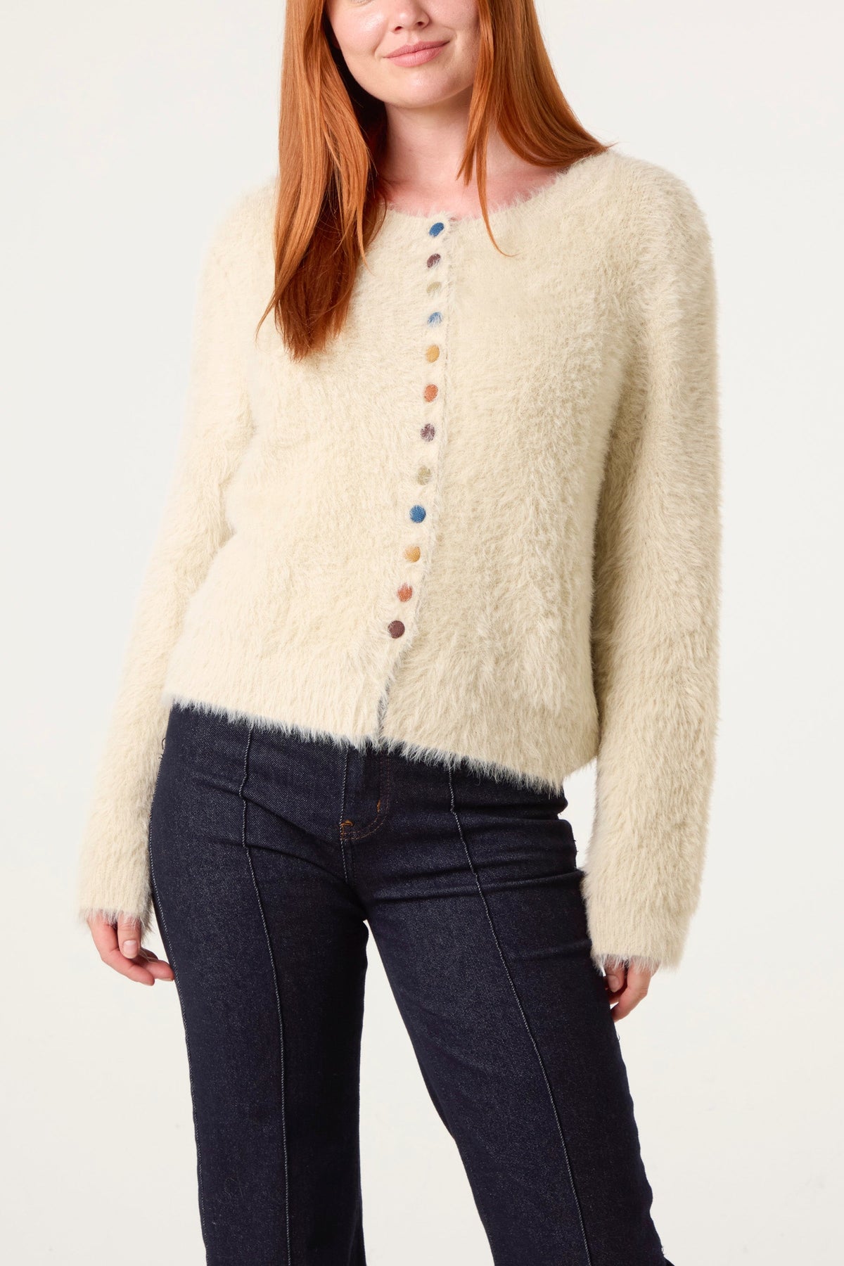 Dame Cardigan med Farverige Knapper i Beige