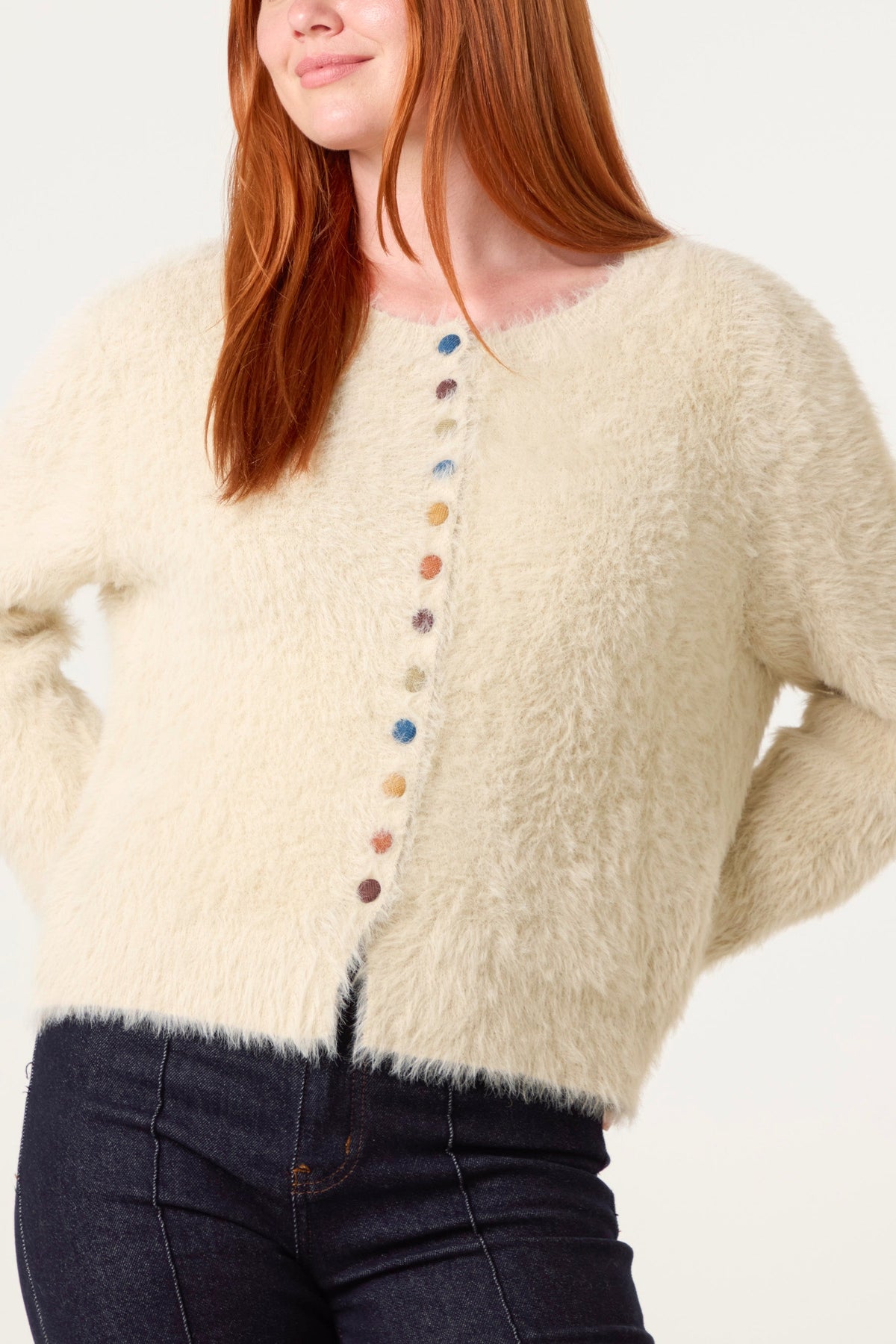 Dame Cardigan med Farverige Knapper i Beige