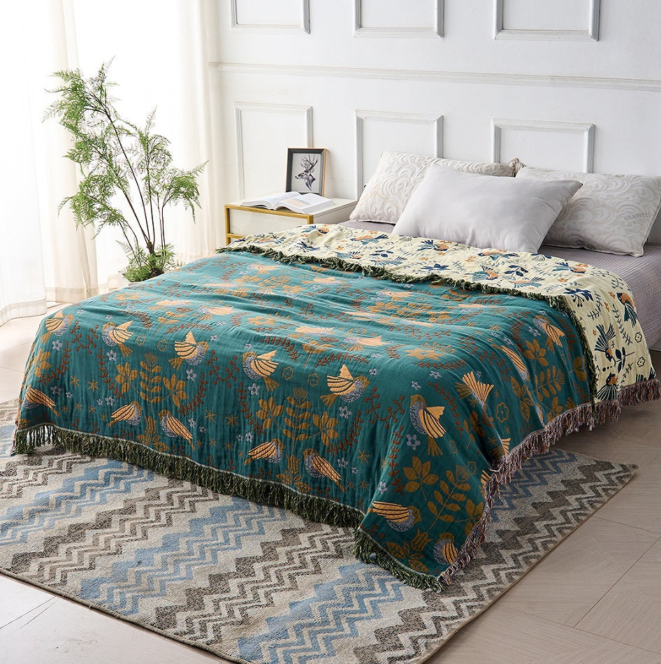 Reversible Cartoon Blanket – Teal with Golden Birds and Cream with Navy and Coral for Living Room or Bedroom