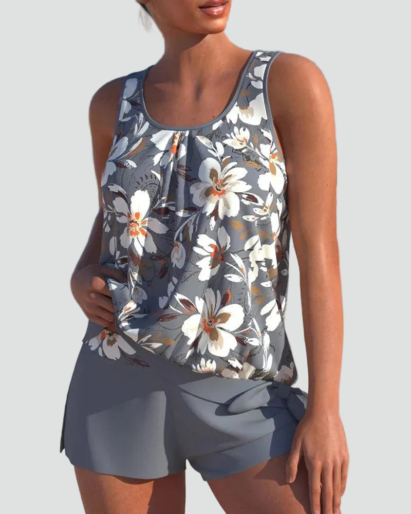 Dame Tankini Sæt med Blomsterprint – Formgivende Badetøj