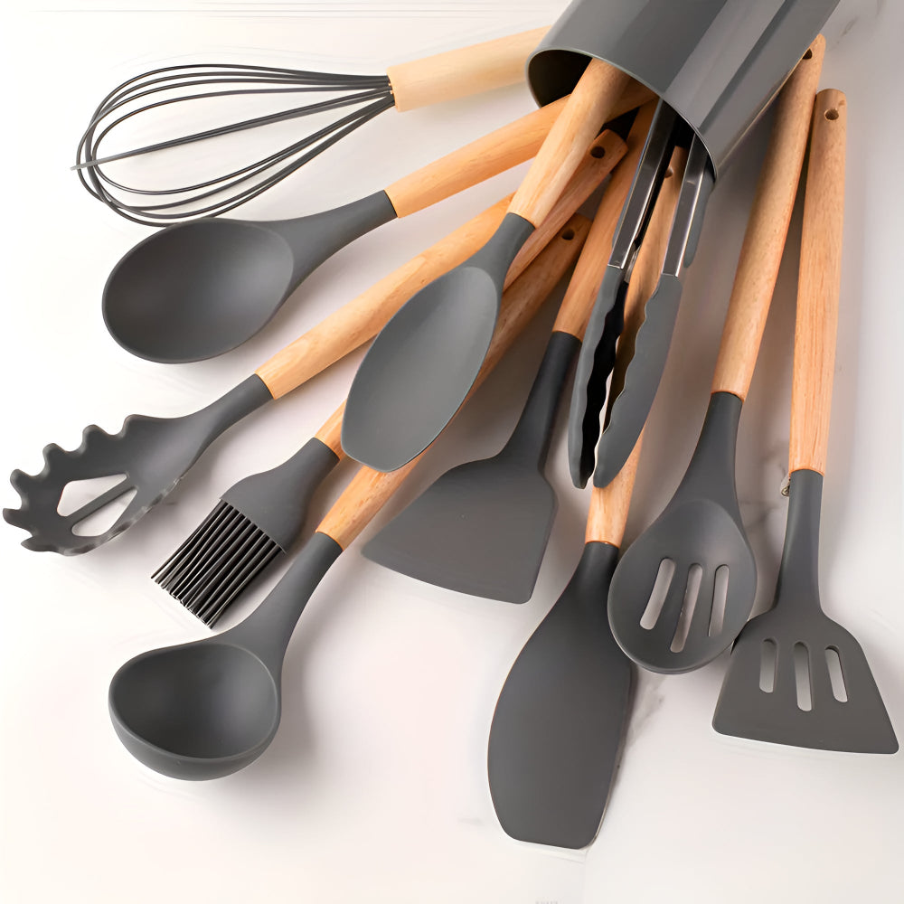 Silicone Kitchen Utensil Set – BPA-free, Heat Resistant with Bamboo Handle for Easy Cooking on the Baking Sheet