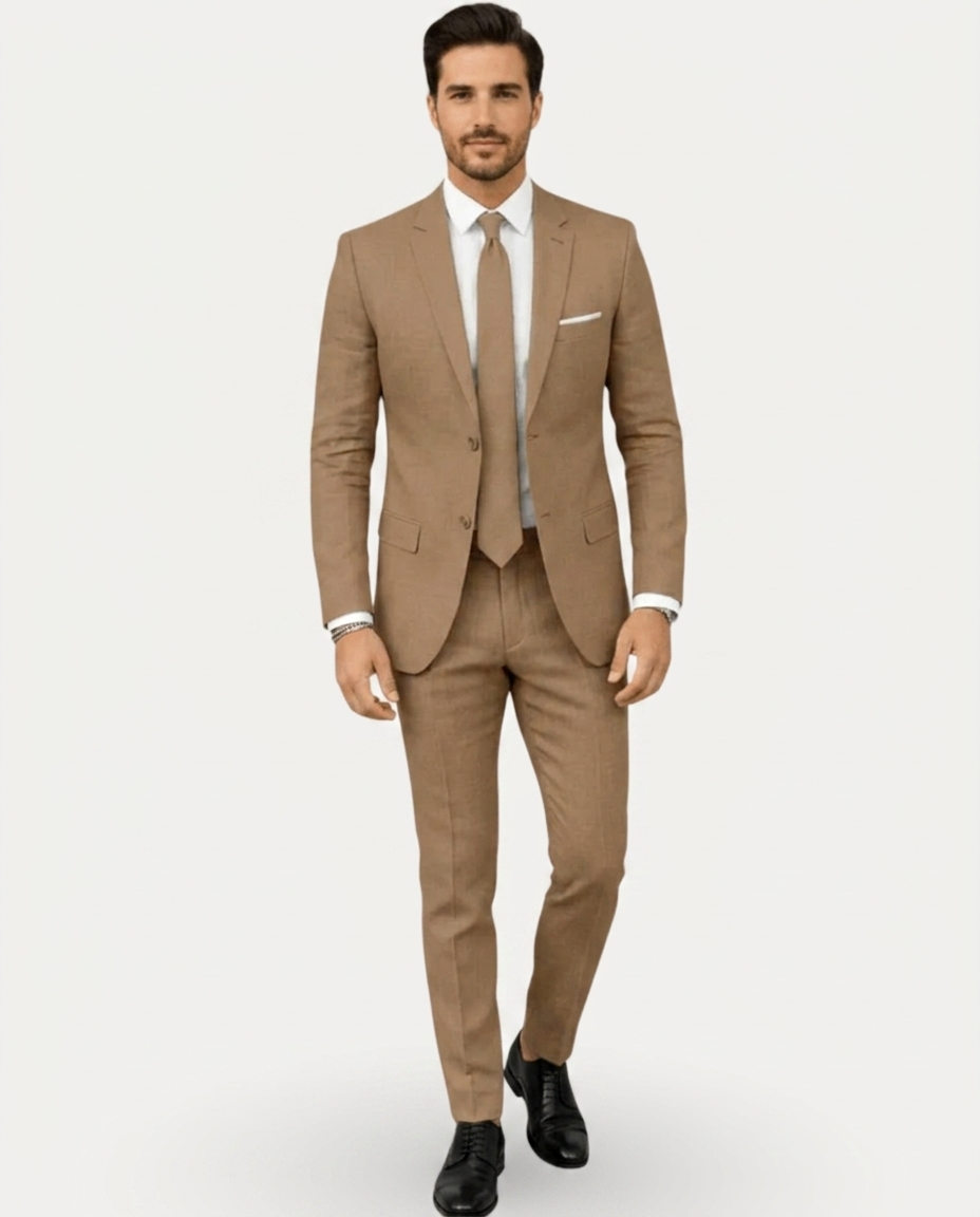 Herre Jakkesæt Slim Fit i Let Hør - Enradet med To Knapper