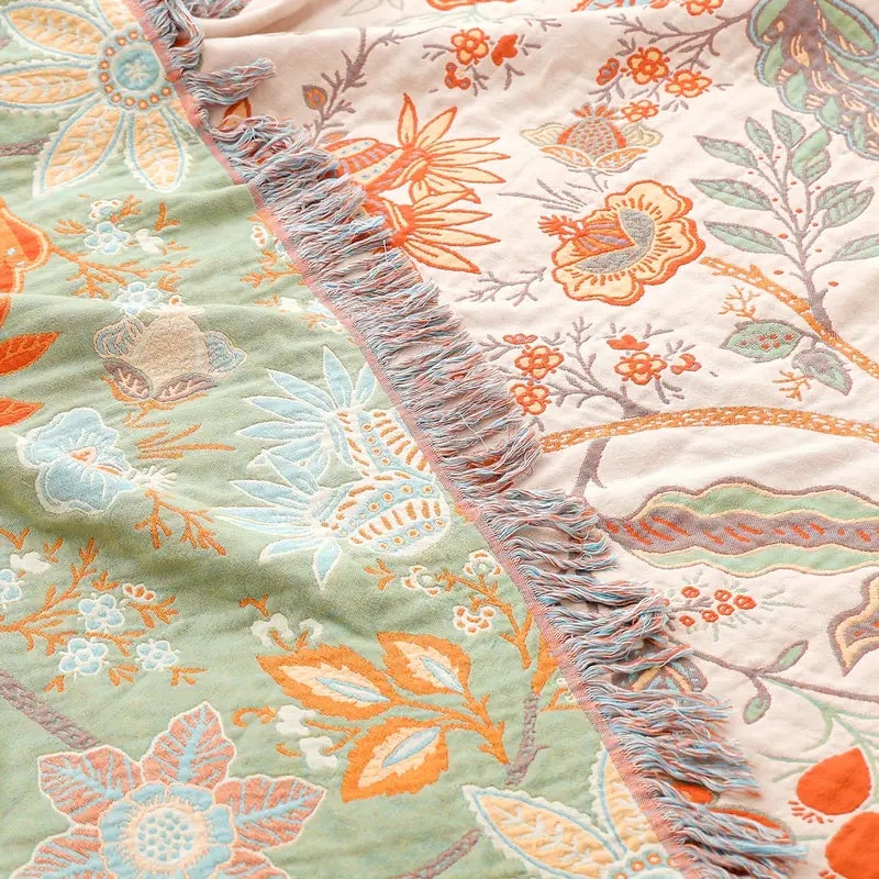 Bohemian Cotton Plaid – Creme med Blomsterprint i Orange og Blå til Stue eller Soveværelse