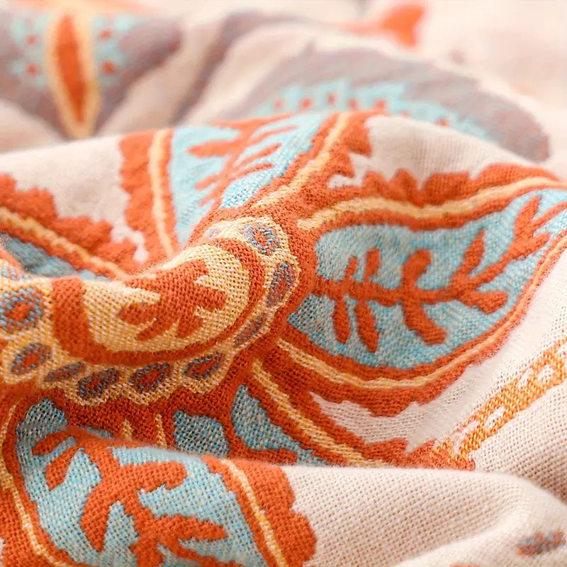 Bohemian Cotton Plaid – Creme med Blomsterprint i Orange og Blå til Stue eller Soveværelse