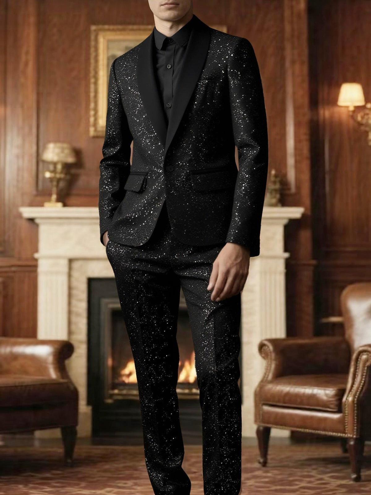 Herresæt med Glitterblazer og Bukser – Festdress i Sort