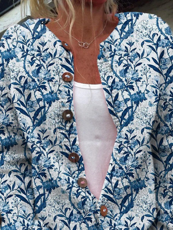 Dame Cardigan med Blomstermønster og Træknapper