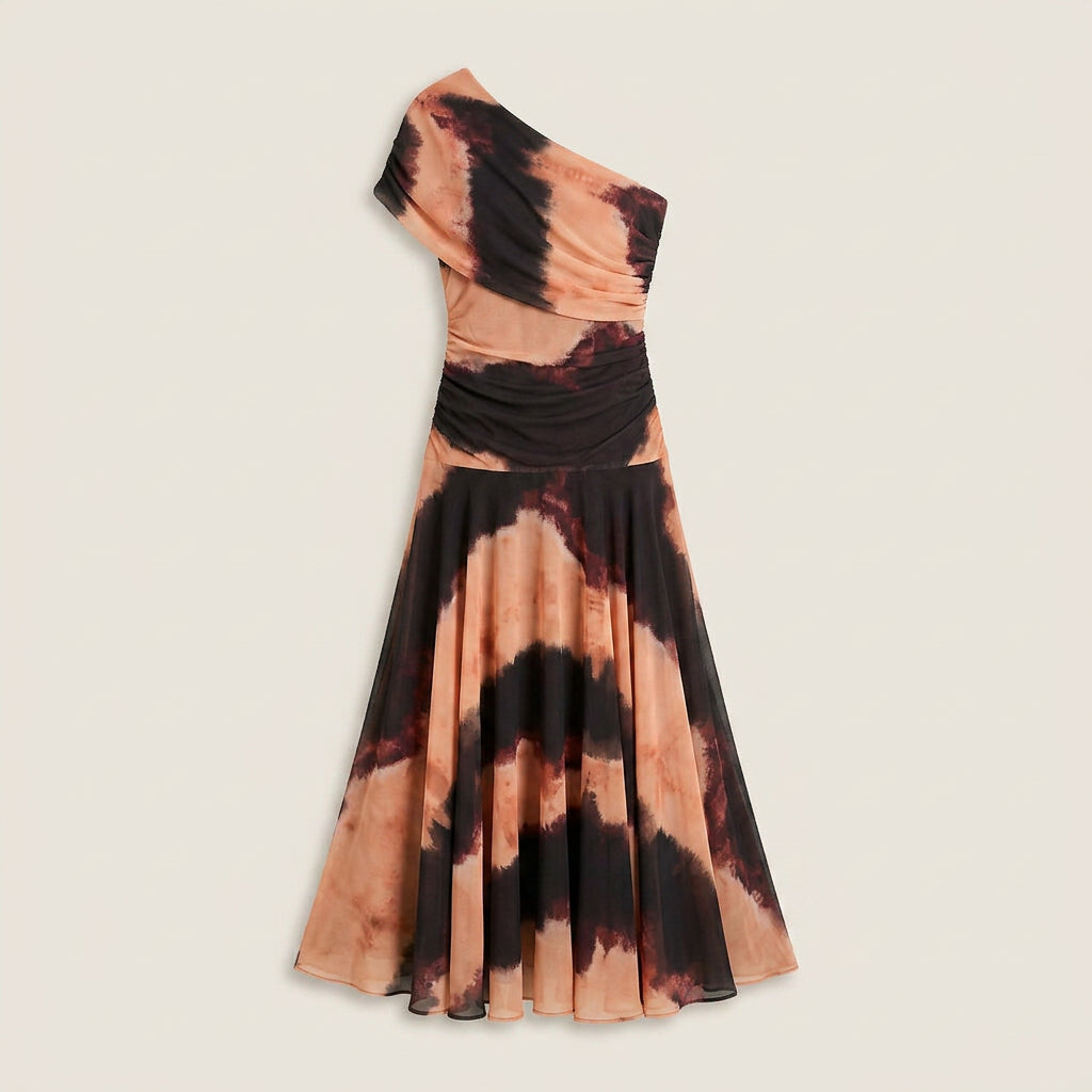 Dame Midikjole med Asymmetrisk Skuldersnit i Chiffon-look