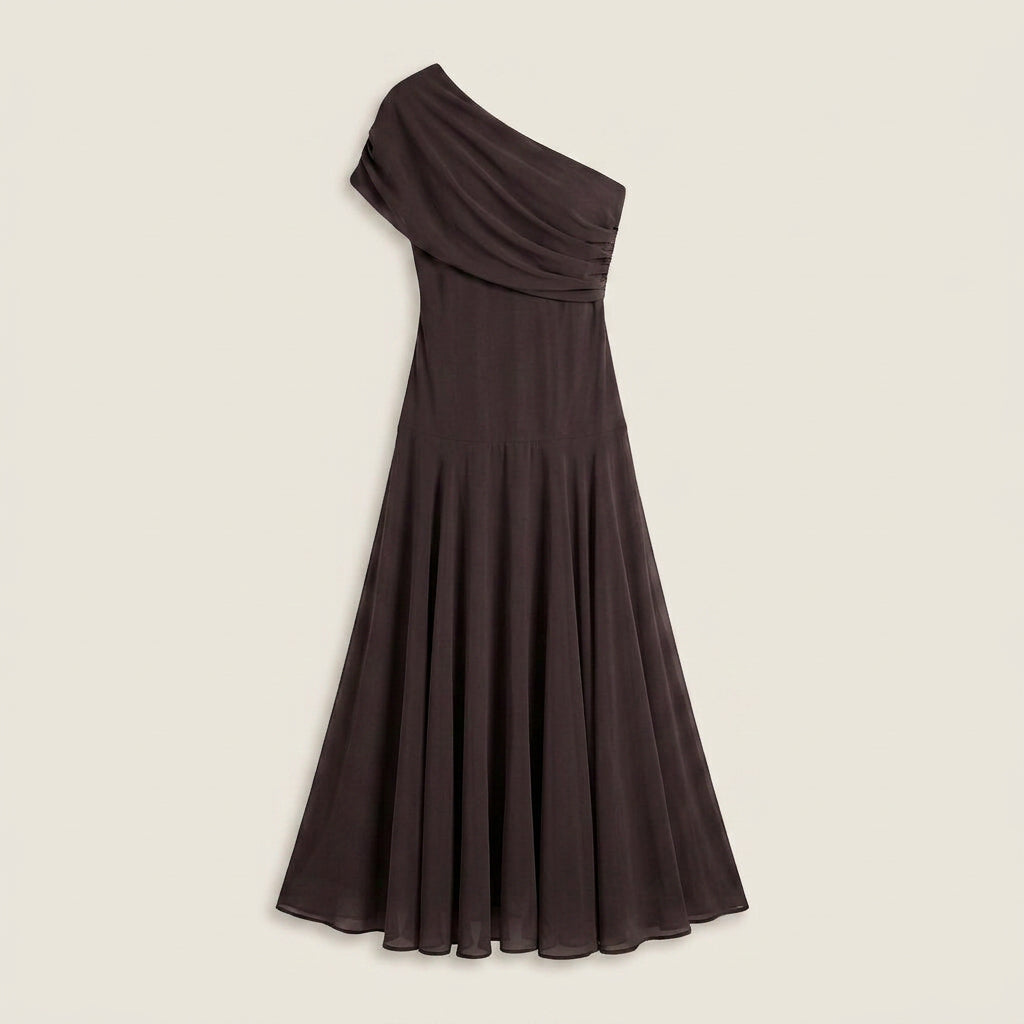 Dame Midikjole med Asymmetrisk Skuldersnit i Chiffon-look