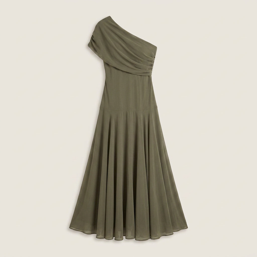 Dame Midikjole med Asymmetrisk Skuldersnit i Chiffon-look