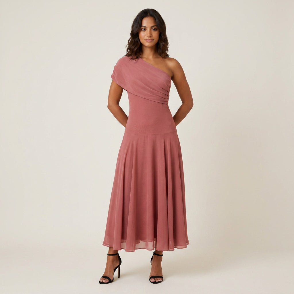 Dame Midikjole med Asymmetrisk Skuldersnit i Chiffon-look
