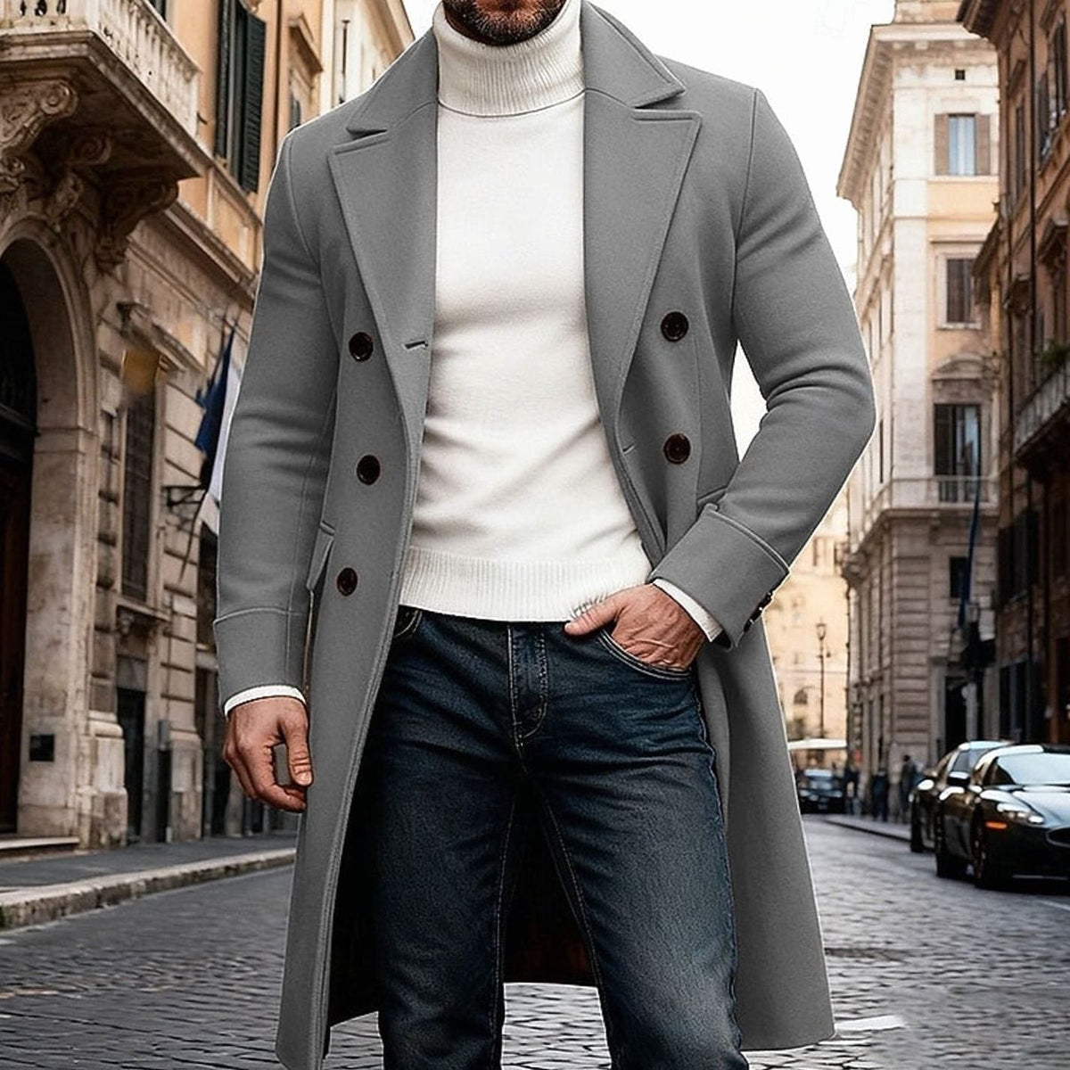 Herrefrakke Dobbeltradet Lang Uldfrakke Slim Fit