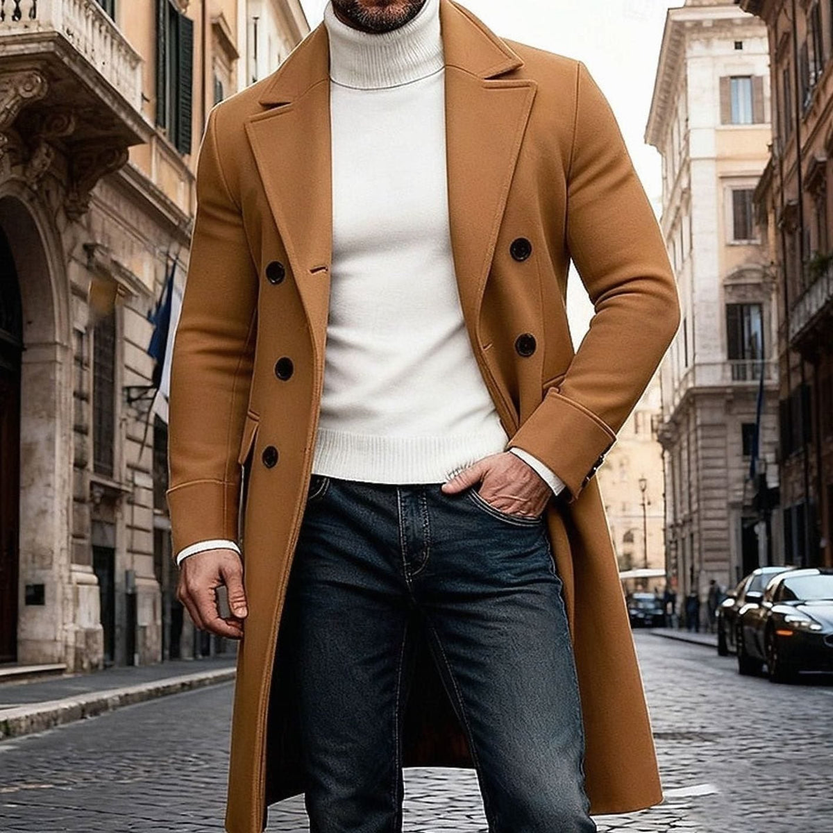 Herrefrakke Dobbeltradet Lang Uldfrakke Slim Fit