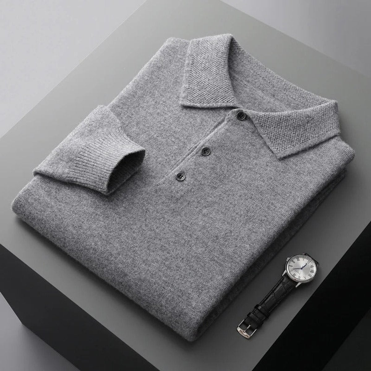 Herre Cashmere Sweater med Polokrave og Lange Ærmer