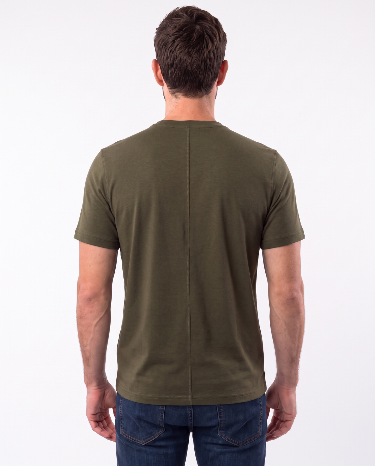 Olive green kangaroo pocket babywearing t-shirt, back view