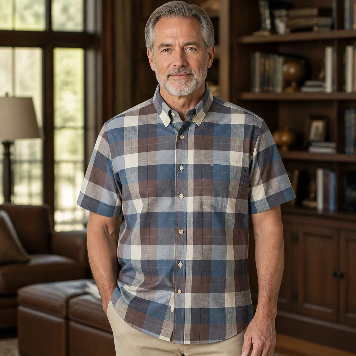 Taupe and Slate Plaid Short Sleeve Oxford Shirt Front View — view 5