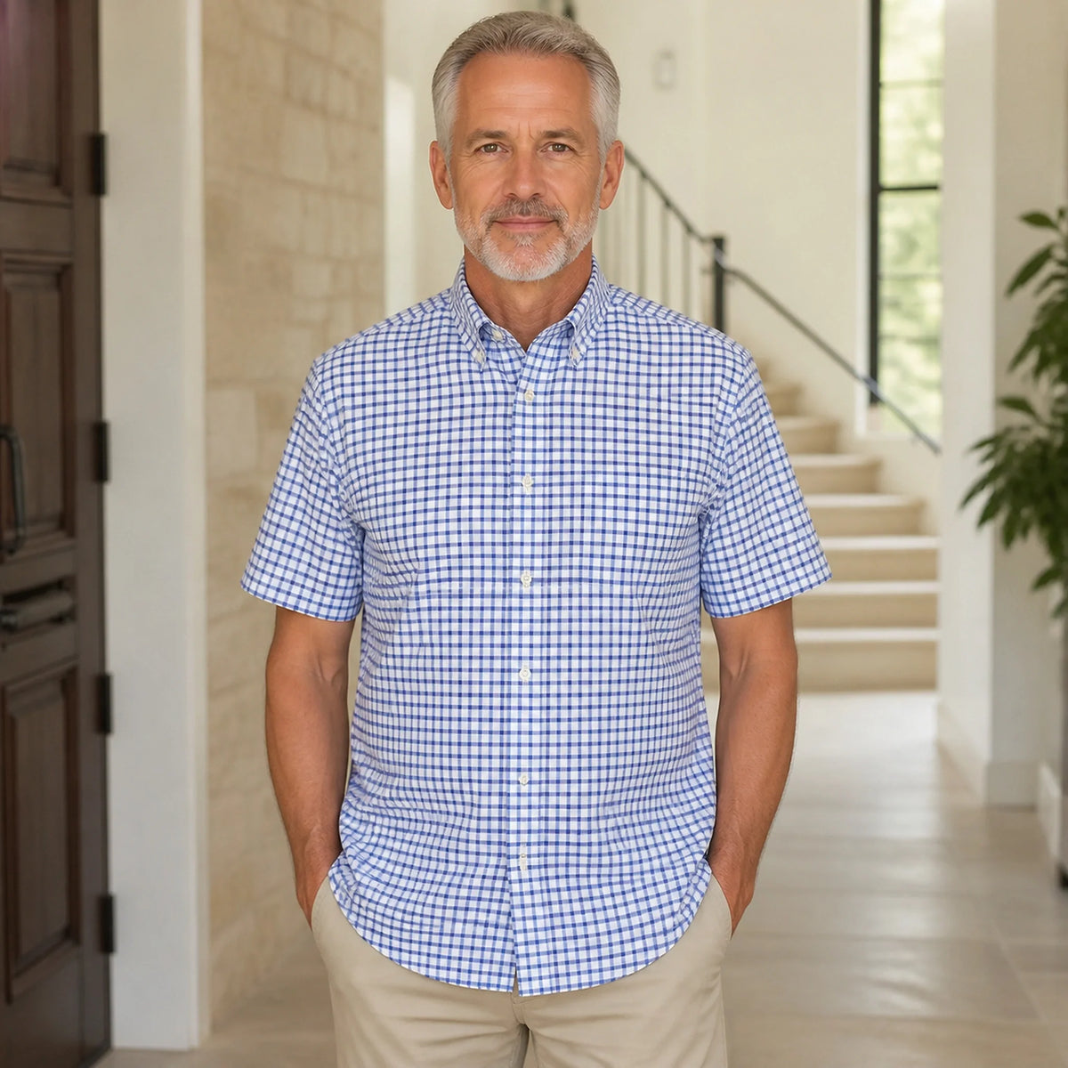 Blue and White Micro Check Short Sleeve Oxford Shirt Front View — view 9